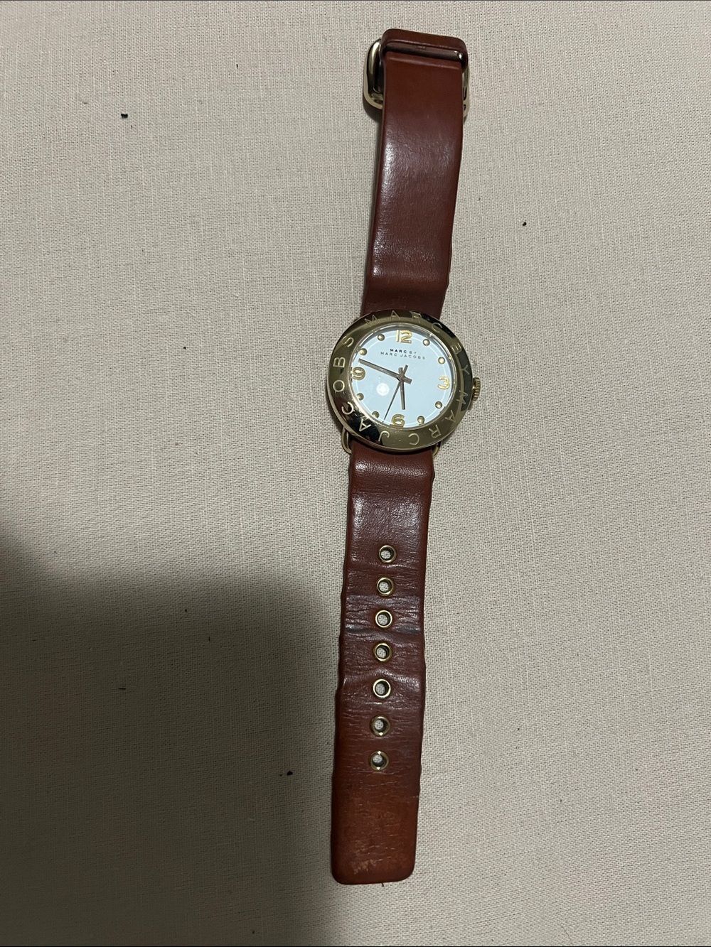 Women’s Marc Jacobs Cognac Leather Watch with Gold Accents and White Dial